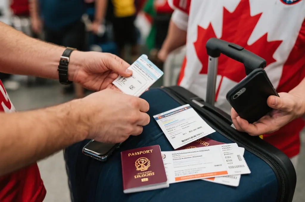 球迷在机场整理护照和门票确认邮件，准备前往加拿大观赛